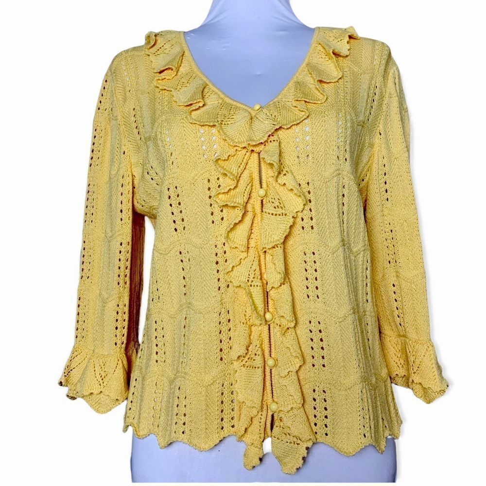 ST. JOHN women’s yellow ruffle trim knit cardigan sz 8